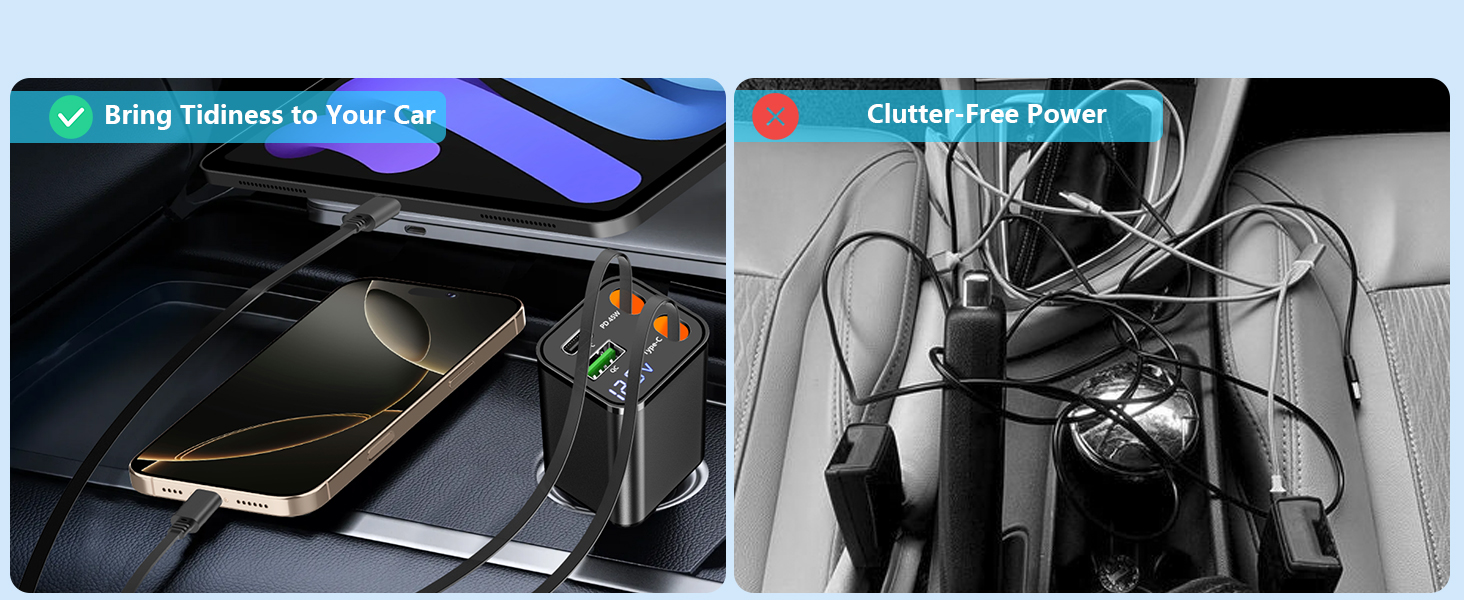 Retractable Car Charger USB C 120W USB C Car Charger 4-IN-1 PD/QC Power Cigarette Lighter Adapter