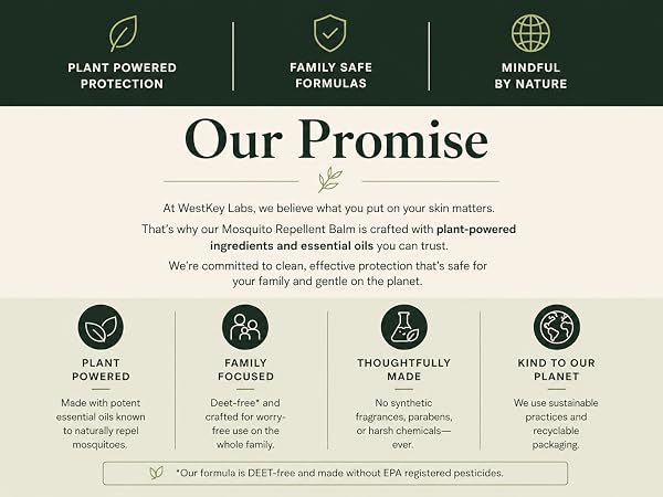 Mosquito Repellent balm inforgraphic plant powered ingredients, essential oils and deet free