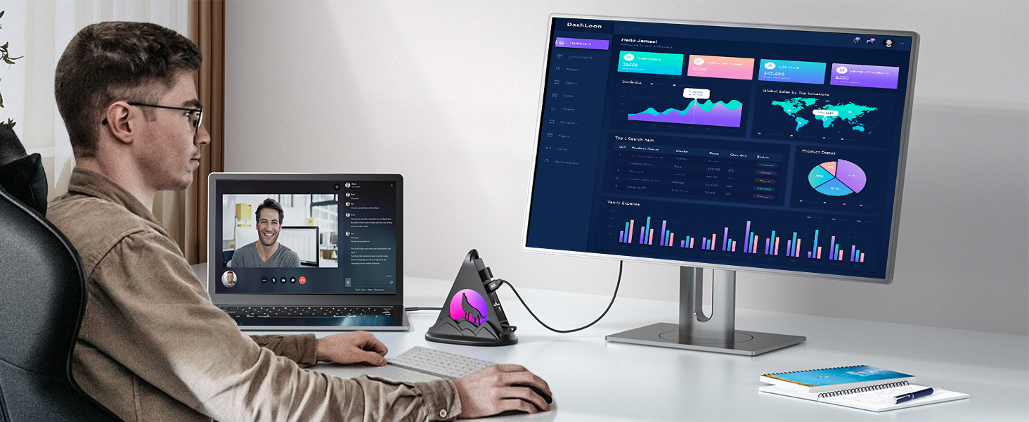 RGB USB C Hub 8 in 1 with Customizable LED Lighting Modes for Laptop Gaming Setup MacBook