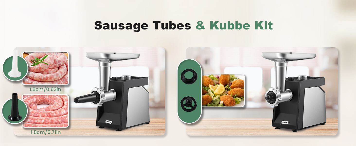 Huanyu electric meat grinder with 2 sausage tubes of different sizes and kubbe kit