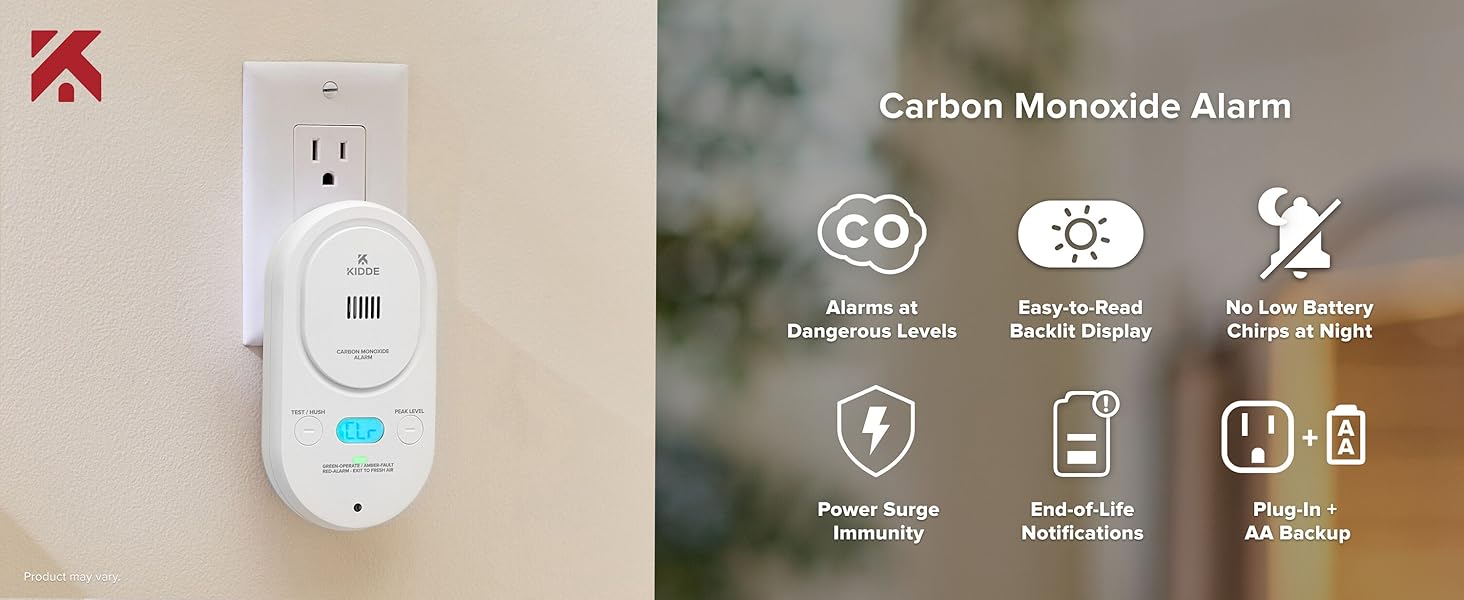 Kidde COPD carbon monoxide alarm plugged into wall, product features icons overlay, desktop version