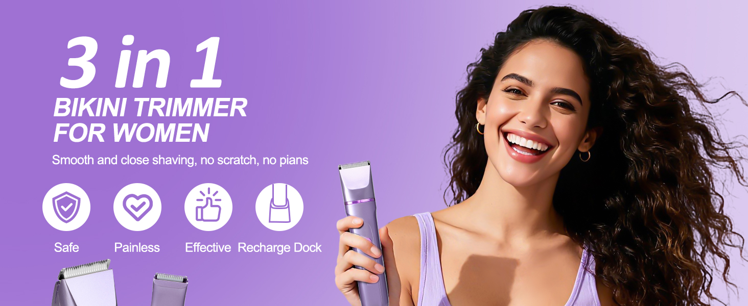 Text reads '3 in 1' and 'BIKINI TRIMMER FOR WOMEN'. Purple banner advertisement showing electric trimmer device with multiple attachment heads for personal grooming.