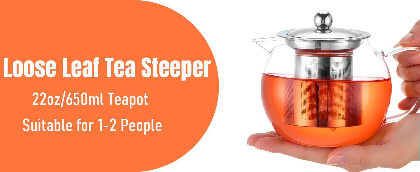 Glass Teapot Stovetop 22 OZ/650ml, Tea pot with Removable 18/8 Stainless Steel Infuser