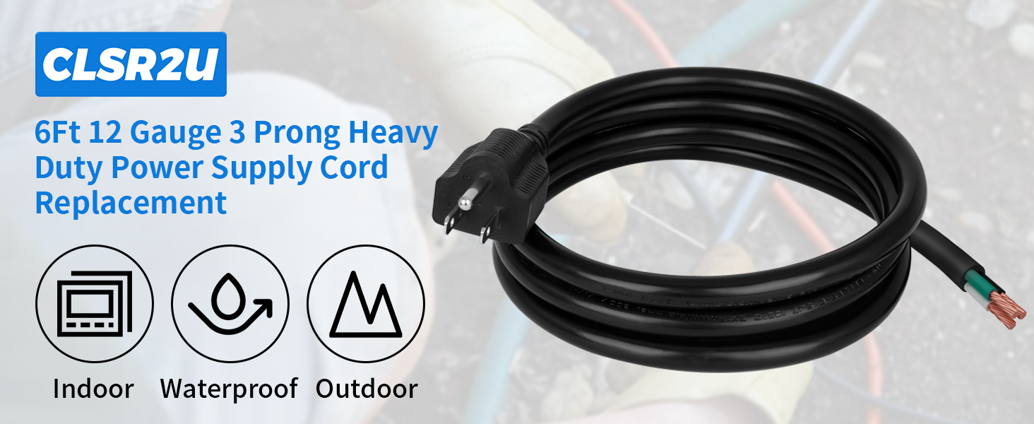 6Ft 12 Gauge 3 Prong Heavy Duty Power Supply Cord Replacement
