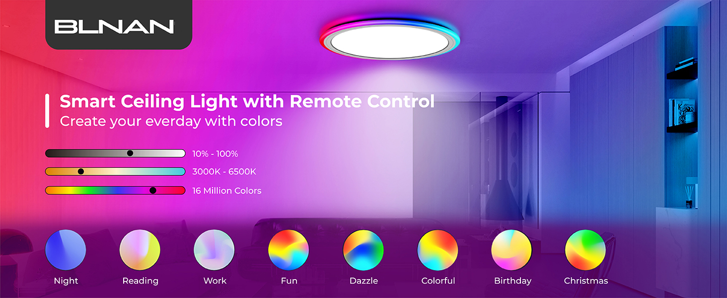 rgb color changing dimmable led flush mount light blnan remote smart app alexa google multi color