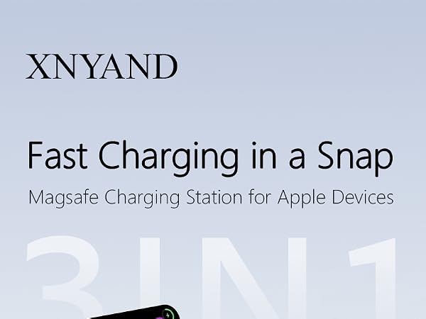 Text reads: 'XNYAND Fast Charging in a Snap MagSafe Charging Station for Apple Devices' Advertisement showing text against a gradient background.