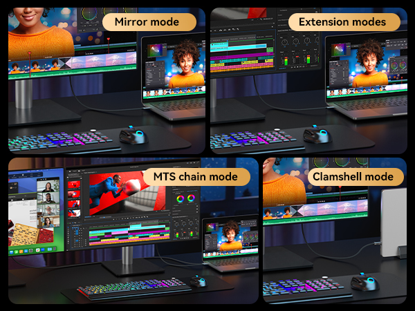 Text reads 'Merger mode', 'Gamepad mode', 'MTS short mode' shown in multiple screenshots. Series of interface displays showing different gaming or software modes with colorful UI elements.