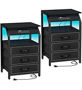 SZLHANJZ End Tables Set of 2, Nightstands with Charging Station and LED Lights, 3 Drawers Fabric ...