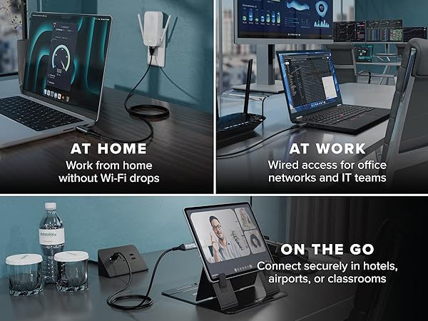 USB-C to Ethernet adapter plugged into a laptop for fast wired internet at home, work, or on the go