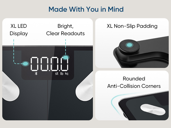 XL LED display, bright clear readouts, XL non-slip padding and rounded anti-collision corners
