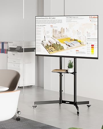 Mobile display stand in office setting showing a large screen mounted on height-adjustable black metal frame with wheels. Heat map or technical diagram visible on screen.