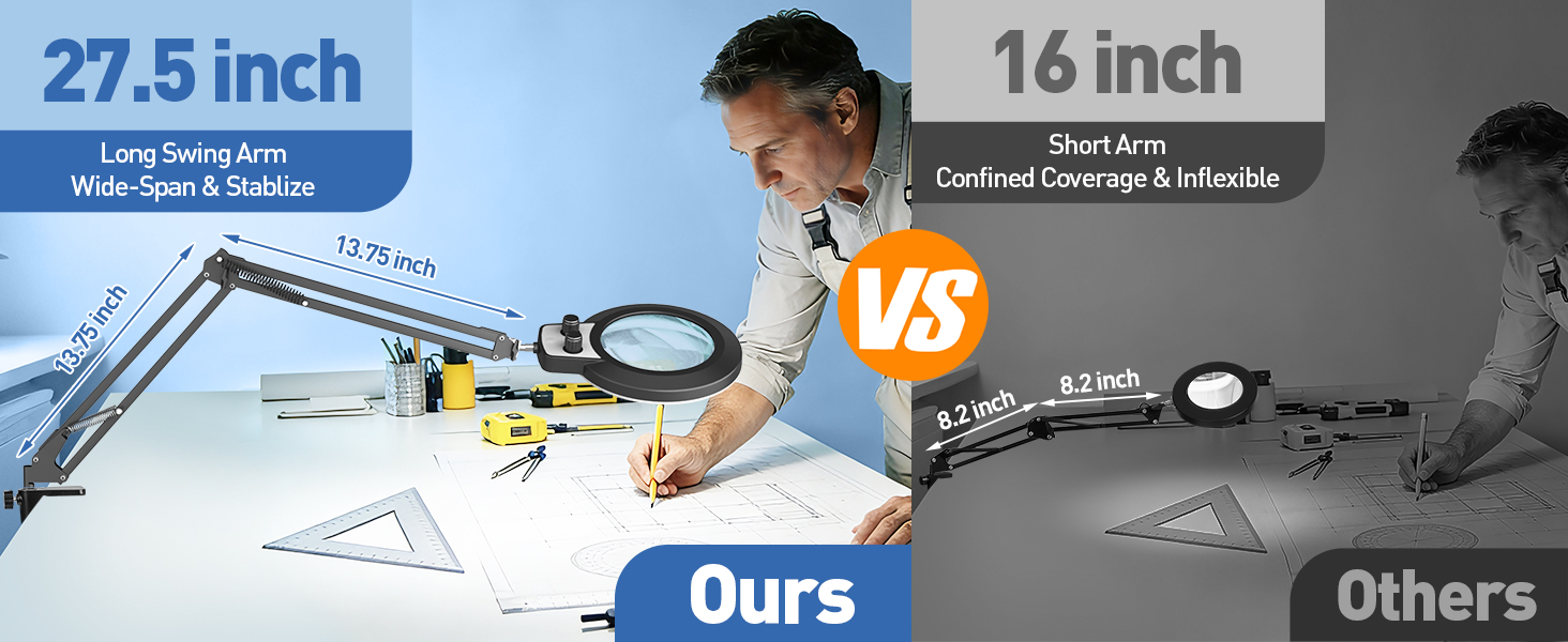 extra long and strong swing armmagnifying glass with stand work light