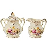 YOLIFE Ceramic Sugar and Creamer Set, Vintage Ivory Flowering Shrubs Golden Leaves Edge Porcelain...