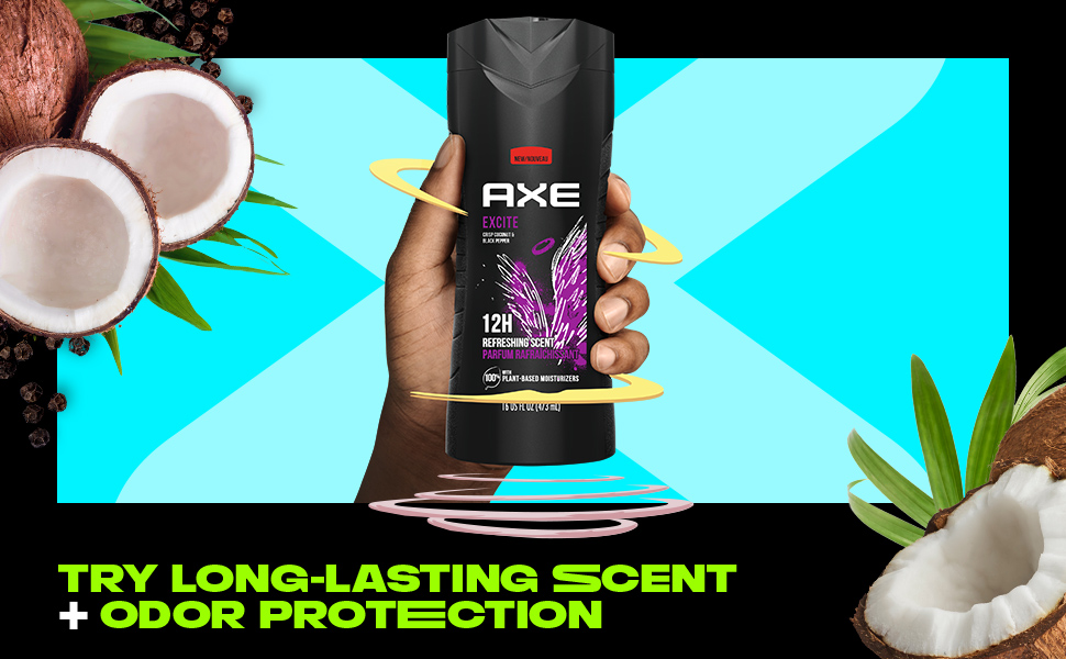 A hand showing an Axe product: Body Wash Excite
