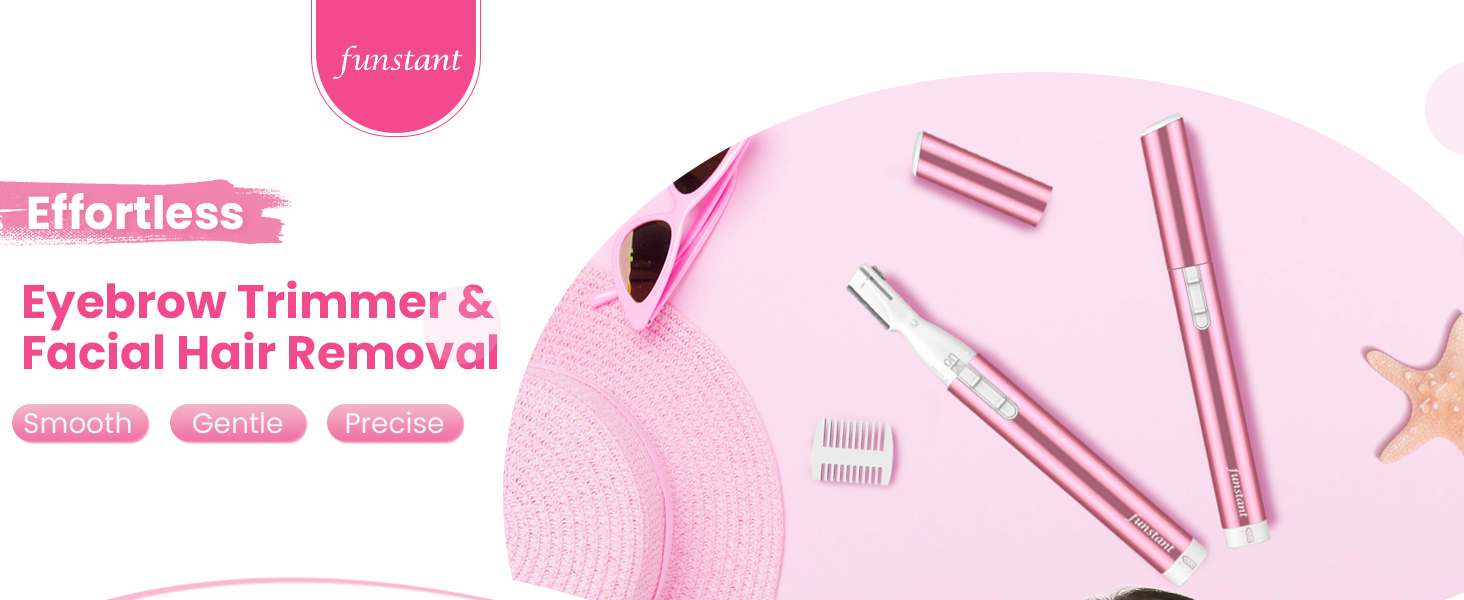 Pink eyebrow trimmer set with cap, comb and accessories displayed on a soft background