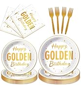 100Pcs Happy Golden Birthday Party Decorations White Gold Glitter Disposable Paper Plates Napkins...