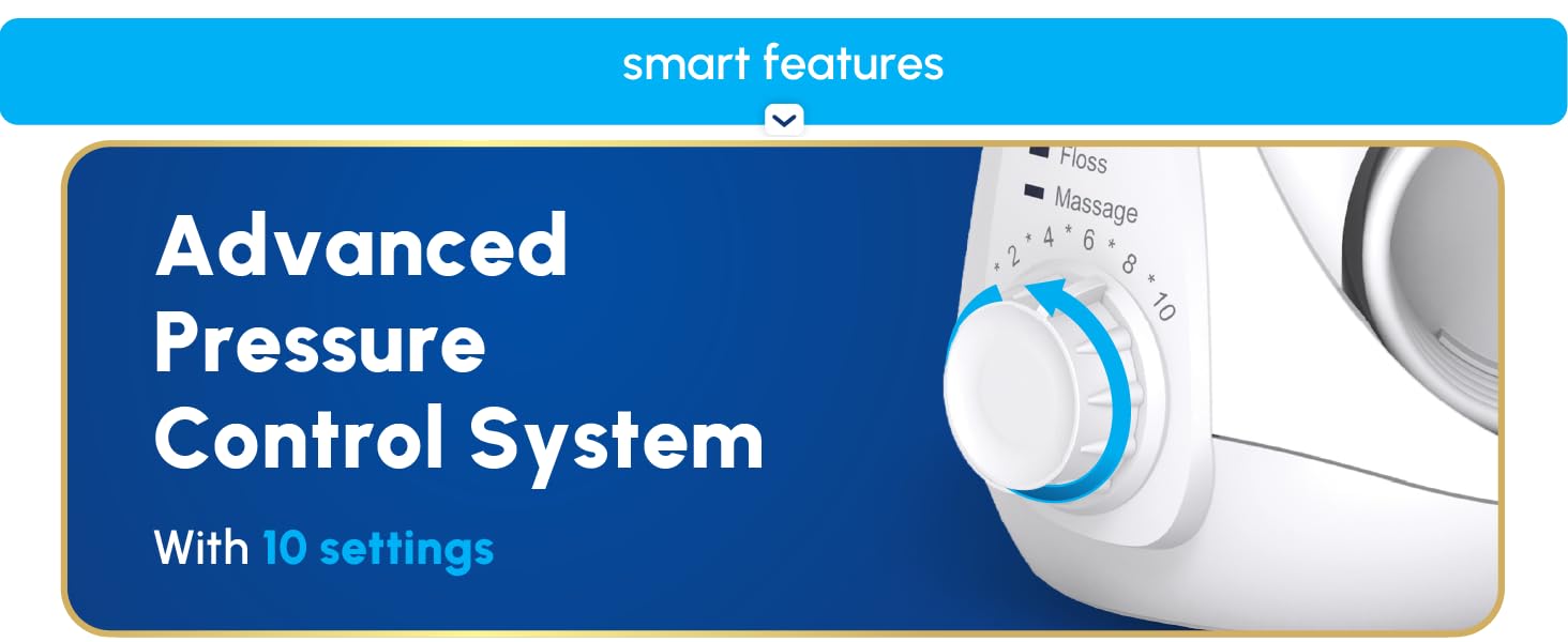 Image of Waterpik floss machine settings dial with text reading advanced pressure control system.