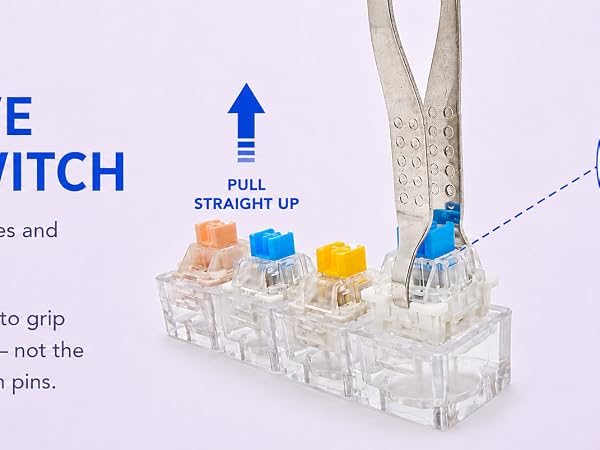 The metal end grips the side latches of a switch and pulls it straight up from the base.