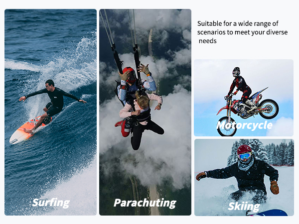 Three-panel sports activity compilation showing surfing, parachuting, and dirt bike riding scenes with text descriptions beneath each image.