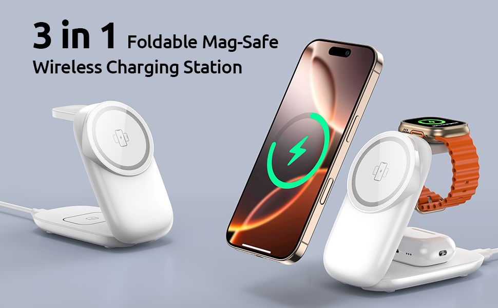 3-in-1 Wireless Charging Station for MagSafe,Foldable Magnetic Charging Stand for APPLE devices