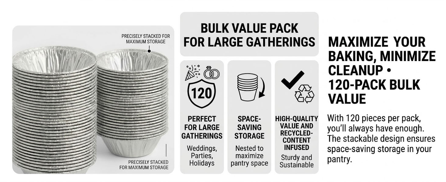 120 pack bulk mini foil baking cups, stackable pans for parties and weddings.