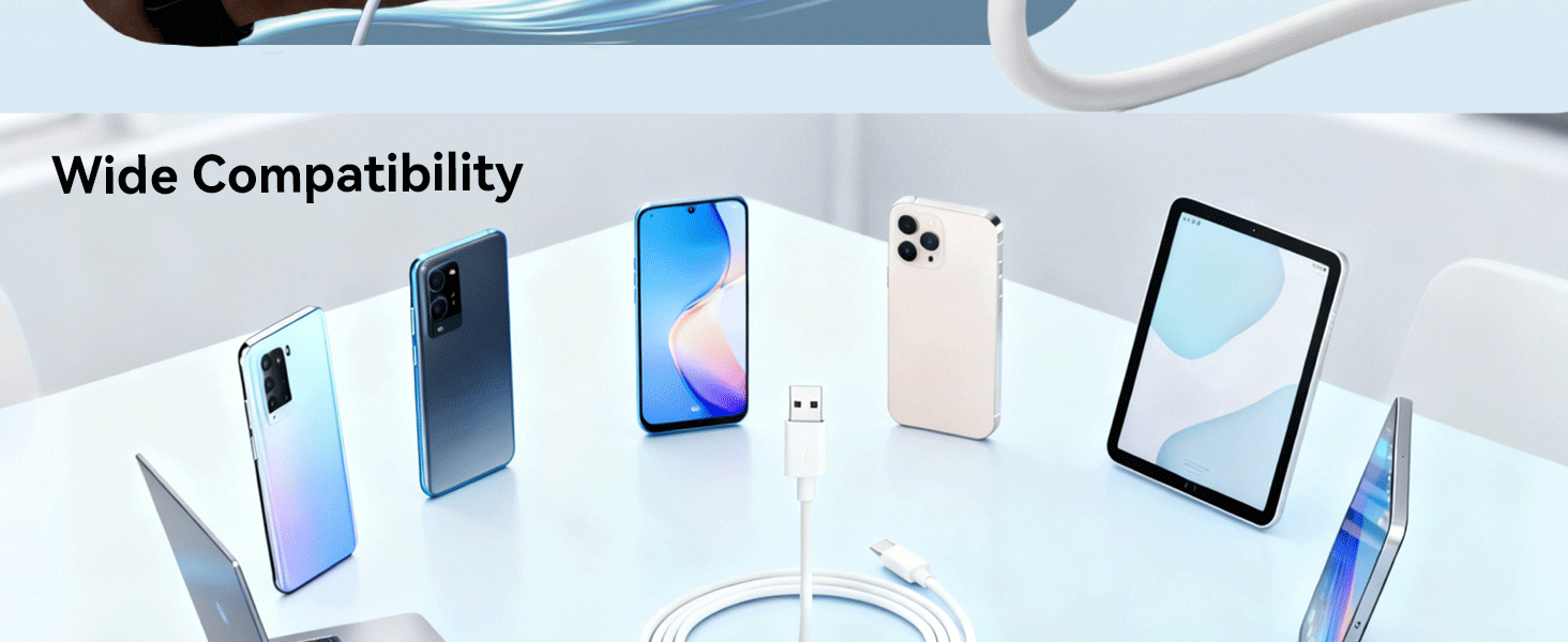 Text reads 'Wide Compatibility'. Product display showing multiple smartphones and tablets arranged in a curved layout on light blue surface.