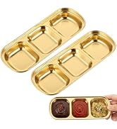 DOITOOL 2 Pcs Gold Stainless Steel Condiment Tray, 3 Compartment Divided Sauce Dishes, Metal Dipp...
