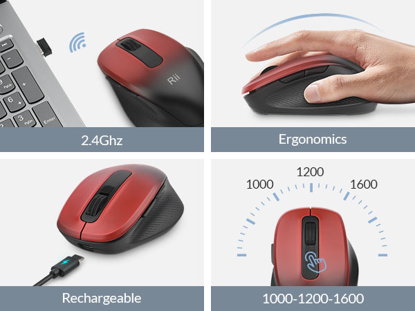 Rii Wireless Mouse, 2.4G USB Computer Mouse, Rechargeable LED Ergonomic Wireless Mouse for Laptop