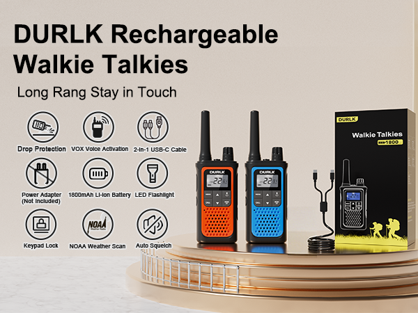 DURLK 2 pack walkie talkies for adults in blue orange with adapter cables and box