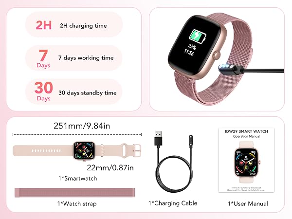 Text reads '2H 2H charging time', '7 7 days working time', '30 30 days standby time', '251mm/9.84in', '22mm/0.87in', '1 Pcs/pack strap', '1*Charging Cable', '1*User Manual'. Pink smartwatch with square face and silicone band, shown charging with USB cable and accessories.