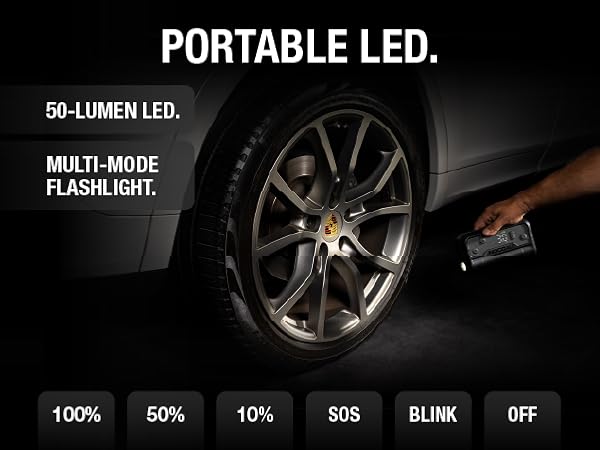 portable tire inflator air compressor with integrated 50 lumen led flashlight emergency sos mode