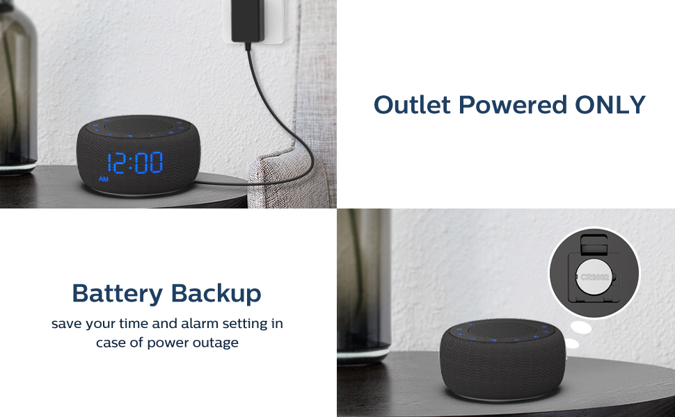 Outlet Power with battery backup to remember alarm and time setting