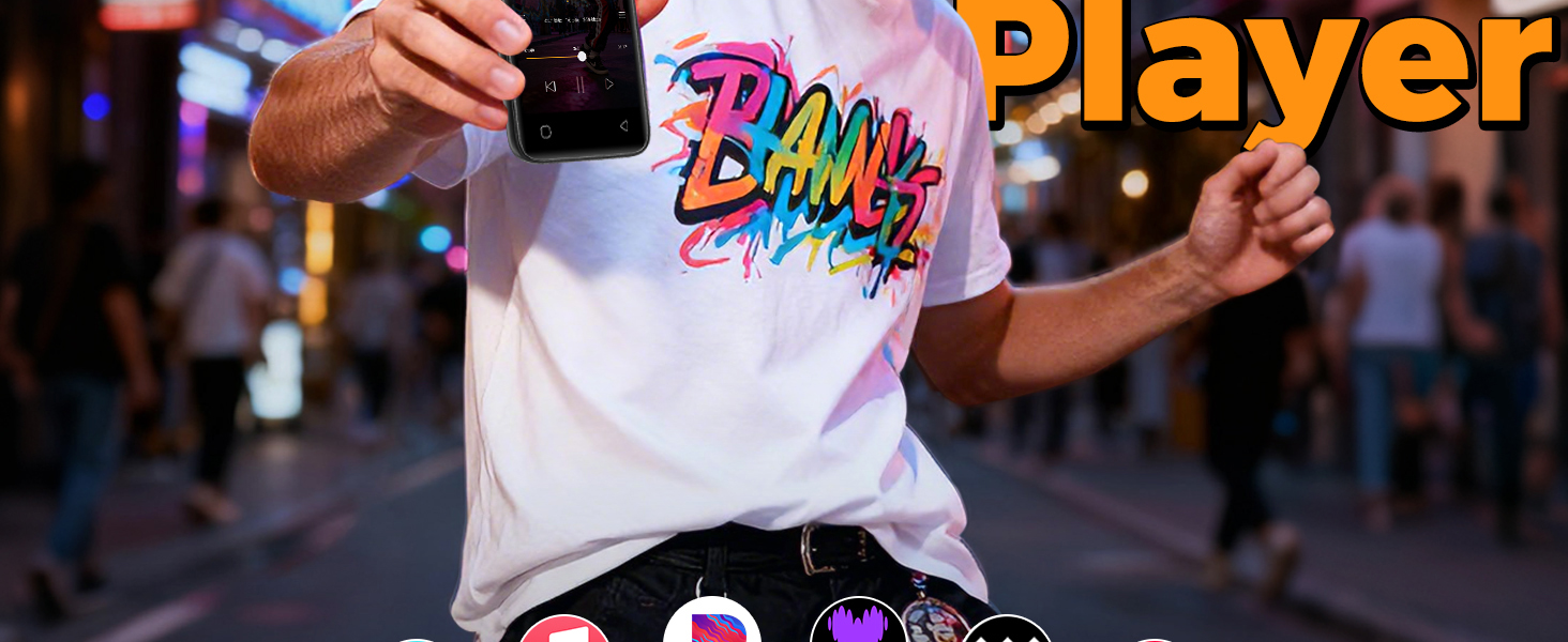 Close-up of a person dancing in the street with streaming app icons like Spotify, Music.