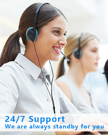 Customer service representation featuring headset-wearing professional with text '24/7 Support' below.