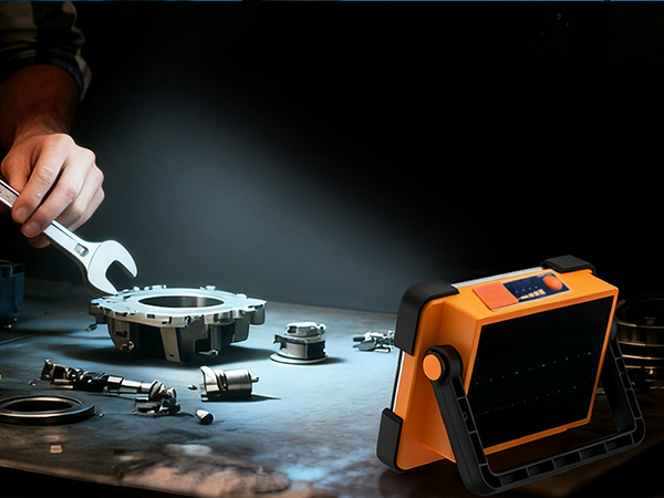 Mechanic repairing machinery parts on workbench lit by cordless LED work light