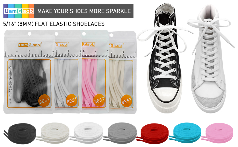 Flat elastic shoelaces in multiple colors including black, white, pink, and beige, with comparison photos showing installation on classic high-top and low-top sneakers.