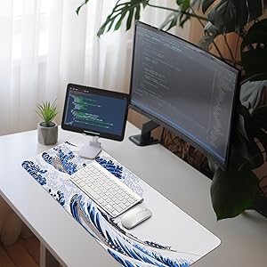 Extended Large Gaming Mouse Pad,Waterproof Keyboard Mouse Mat Desk Pad,Japanese Sea Wave