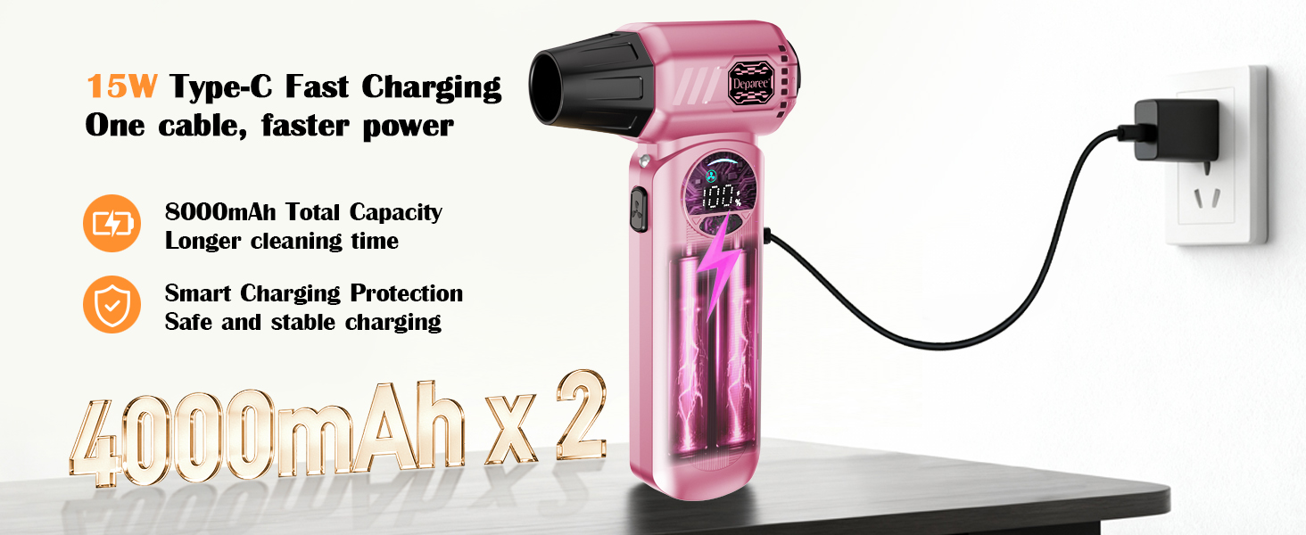 Pink air duster 8000mAh battery with 15W Type-C fast charging for longer cleaning sessions