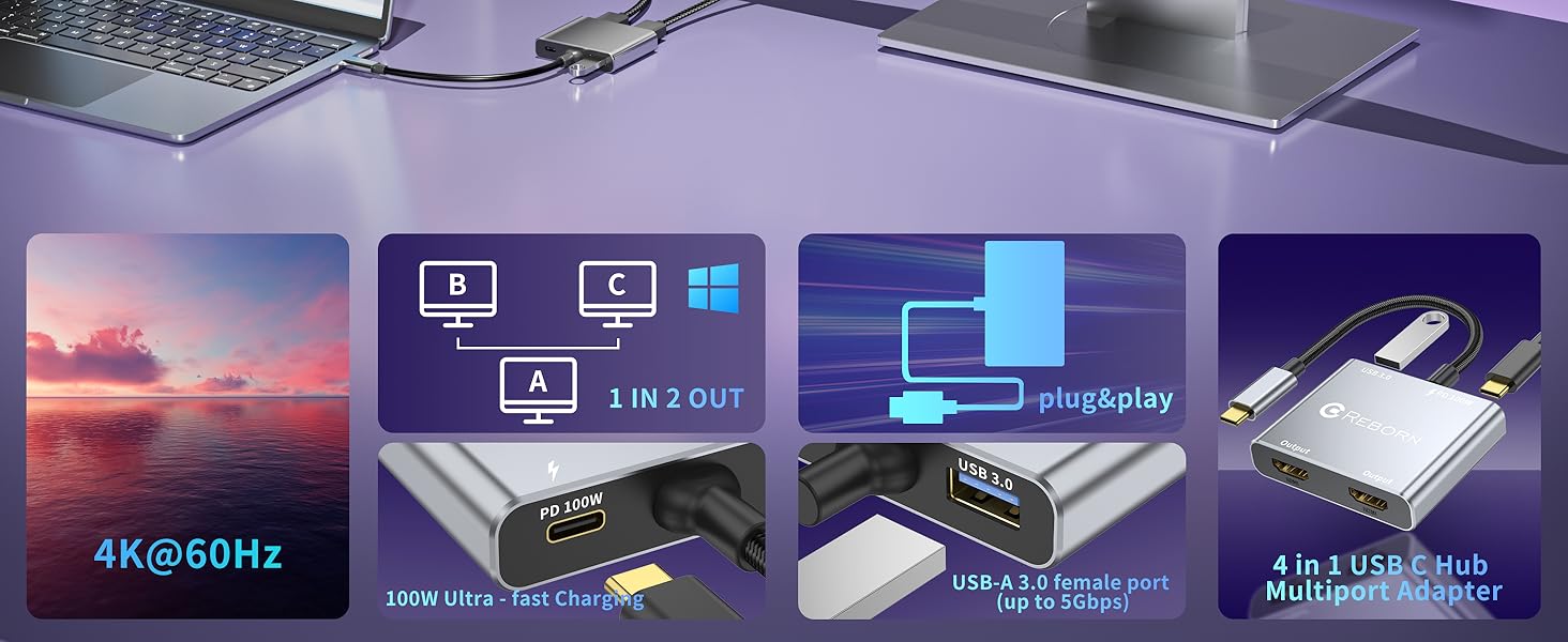 USB C to Dual HDMI Adapter