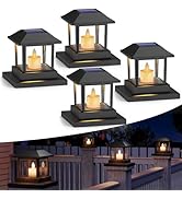 VIODAIM 4 Pack Solar Post Lights Outdoor with 3D Candle Wick, Solar Post Cap Lights IP67 Waterpro...