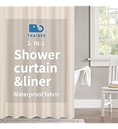 THAIGEE 2-in-1 Waterproof Fabric Shower Curtain or Liner,Linen Textured,Breathable TPU &amp; Washable...