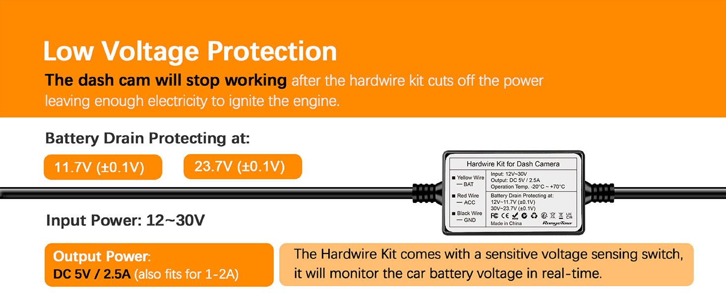 Range Tour Dash Cam Hardwire Kit USB-C Port, 5V/2.5A (also suitable for 1- 2A)