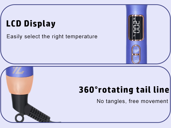 Text reads 'LCD Display', 'Easily select the right temperature', '360° rotating tail line', 'No tangles, free movement'. Product features diagram with interface and cord details.