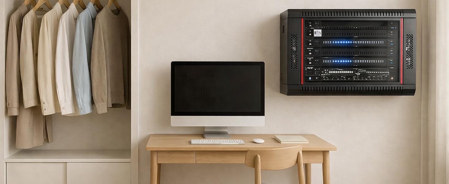 home office with a clean, minimalist style. An 6U server rack is placed