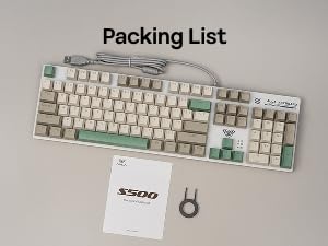 Text reads 'Packing List'. Image shows a white/beige mechanical keyboard with mint green accents, alongside a small wireless dongle and what appears to be product documentation.