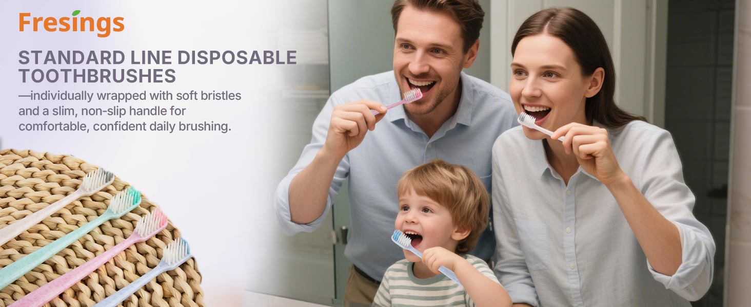 Disposable toothbrushes, individually wrapped; soft bristles, slim non-slip handle for daily use
