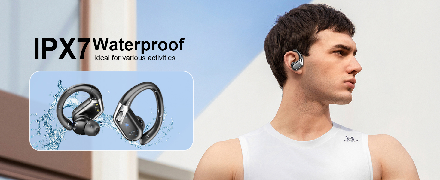 IPX7 waterproof wireless earbuds advertised with image of person wearing them. Inset shows earbuds with water droplets, emphasizing waterproof feature.