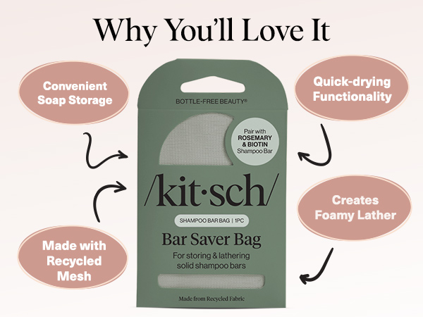 Kitsch Bar Soap Saver Bag - Recycled Mesh Beauty Bar Soap Pouch for Rosemary &amp;amp; Biotin Shampoo Bar