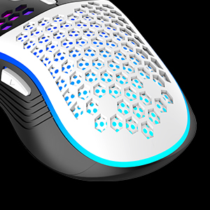 Gaming mouse with honeycomb-pattern perforated shell design, featuring blue LED illumination and ergonomic shape with black and white color scheme.