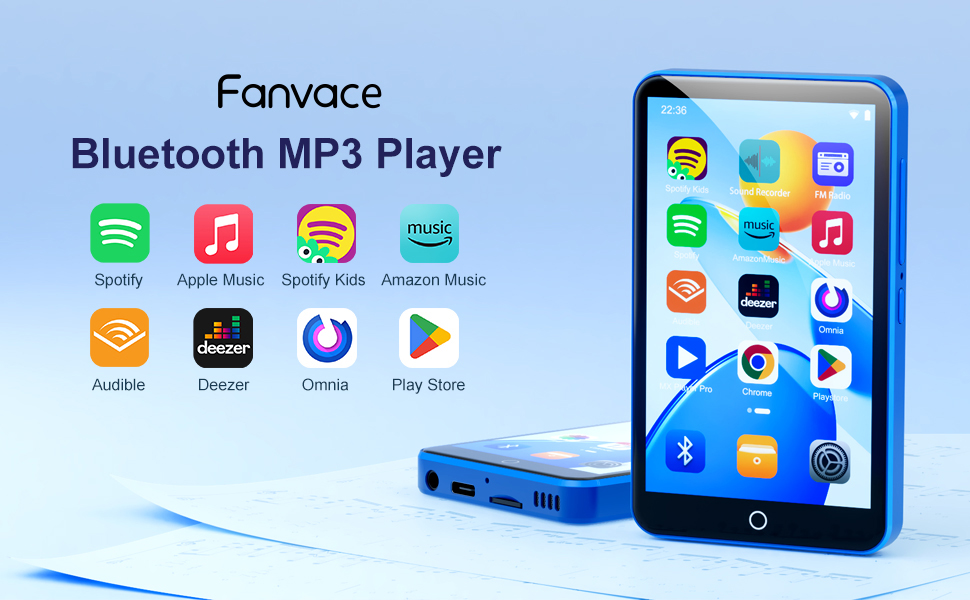 Fanvace Bluetooth MP3 player device showing interface with multiple music streaming app icons including Spotify and Apple Music.